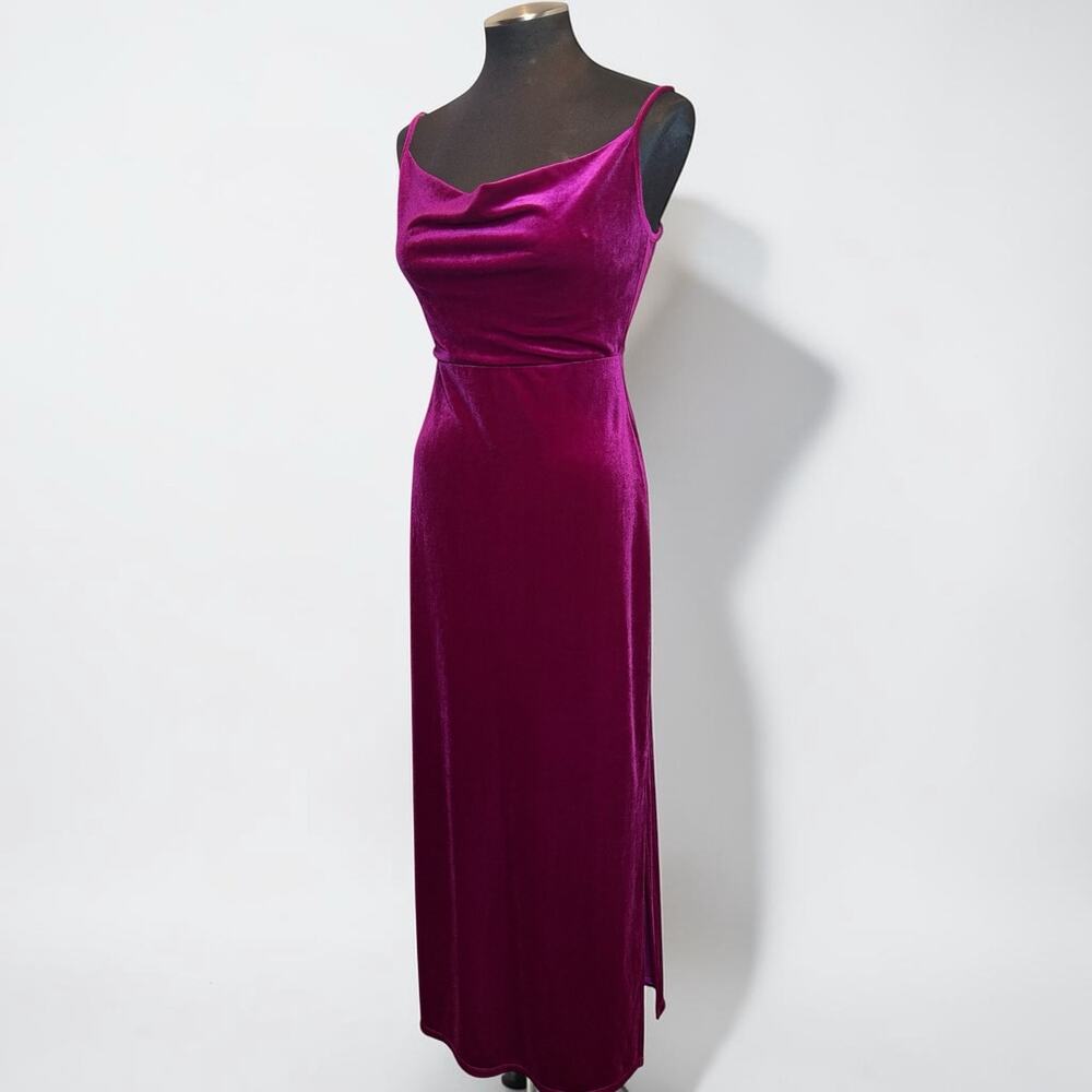 Fuchsia Velvet Slip Dress Cowl Neck Maxi 90s Y2K Side Slit Small Jewel Tone